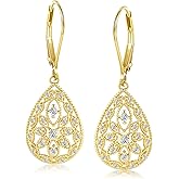 925 Sterling Silver Teardrop Dangle Earrings for Women Cubic Zirconia Leverback Filigree Drop Dangle Earrings Jewelry Hypoallergenic Silver Teardrop Filigree Earring for Gifts