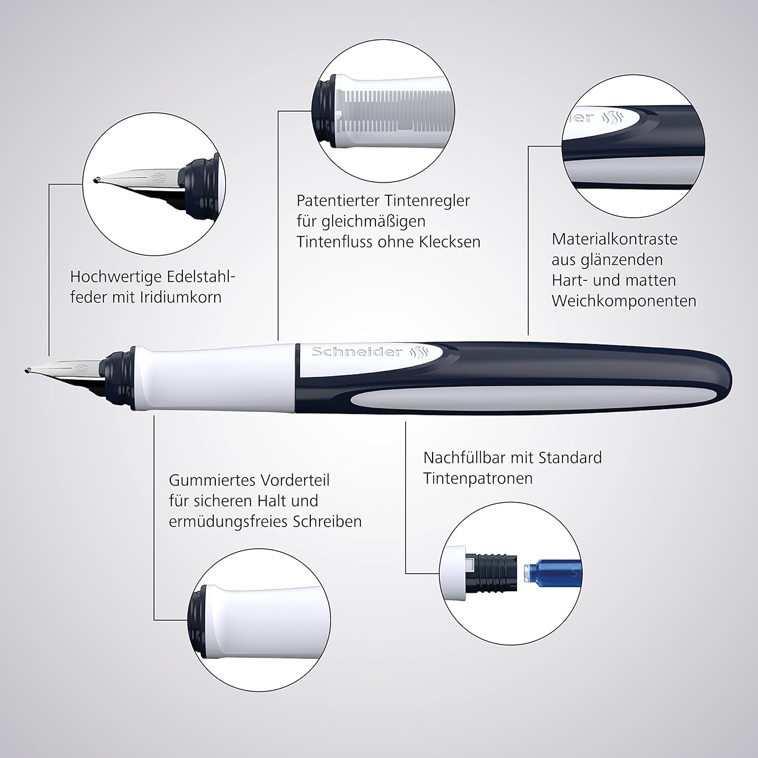 Schneider fountain pen, Ray, spring and grip for left-handed, L, blue/grey, 168403 For Left-Handers Füllhalter L white/grey - Image 5