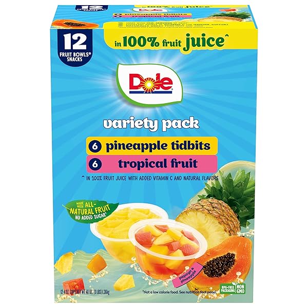 DOLE PINEAPPLE TIDBITS AND TROPICAL FRUIT IN 100% JUICE VARIETY PACK – DOLE FRUIT BOWLS SNACKS – 4 OZ BOWLS – 12 PACK