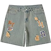 BEAUDRM Men's Vintage Graphic Jean Shorts Ripped Baggy Denim Shorts Jorts with Pockets