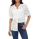 ELFTOWN Women's Summer Puff Short Sleeve Button Up Lace Top V Neck Dressy Casual Eyelet Blouse Shirt