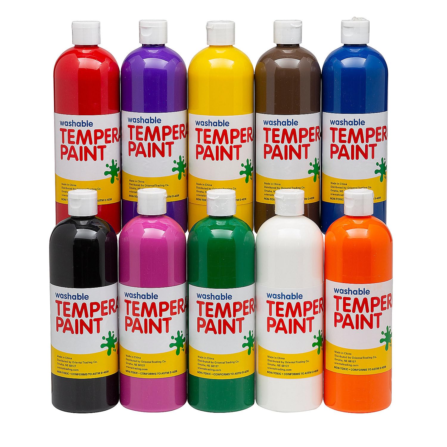 Fun Express Washable Tempera Paint Set for Kids - 10 Bright Colors in 16oz Bottles | Non-Toxic Classroom Art Supplies for Preschool, Elementary & Daycare | Bulk Painting Kit for Arts and Crafts