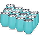 DOMICARE Stainless Steel Wine Tumbler Bulk with Lid, Personalized Insulated Tumblers Set, 12oz Travel Coffee Cups Pack of 12, Light Blue