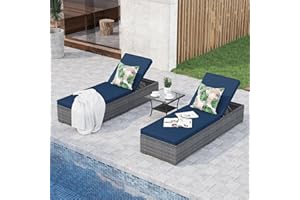 JOIVI Outdoor Chaise Lounge Chair, 3 Piece Patio Pool Lounge Chairs with Coffee Table for Outside, Rattan Reclining Chaise Lounger with Adjustable Backrest and Removable Navy Blue Cushions