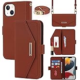 Jaorty Crossbody Wallet for iPhone 14/13 Case with Adjustable Lanyard Strap Credit Card Holder 6.1",PU Leather Handbag Purse Kickstand Make Up Mirror Cover Case for Women Girl,Brown