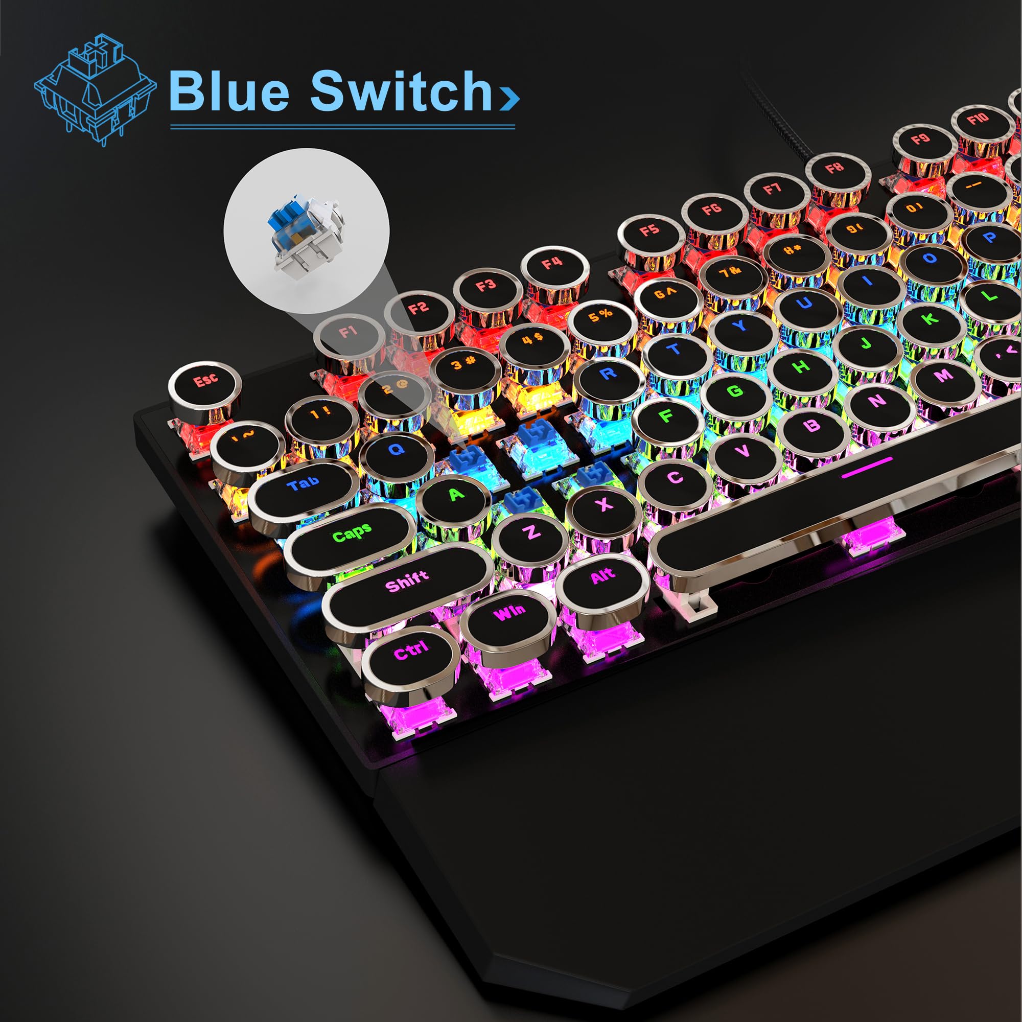 MageGee Typewriter Mechanical Gaming Keyboard, Retro Black Punk Round Keycaps RGB Rainbow Backlit Wired Keyboards for Laptop MAC PC Gamer, with Magnetic Wrist Rest - Blue Switch