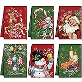 Hosuly 6 Pcs Vintage Christmas Kitchen Towels Red and Green Christmas Hand Towels Xmas Santa Elk Snowman Candy Dish Towels Christmas Decorative Tea Towel Housewarming Gifts for Kitchen Holiday Xmas