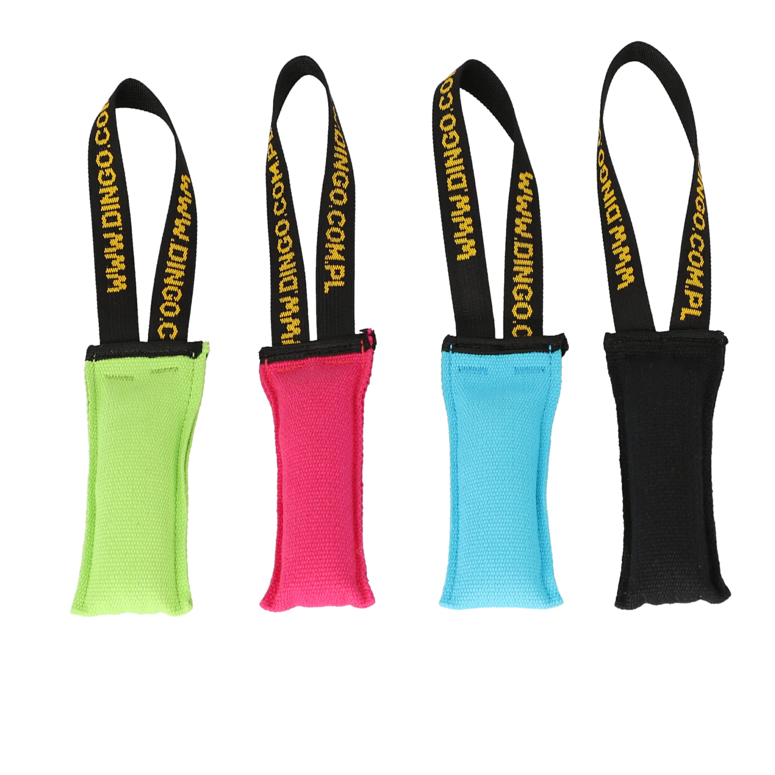 DINGO Set: 4 x Agility Dog Toys for Training, Fetch, Sports, Tug of War, Play - Lightweight, Floatable Tug Toy with Hand-Sewn Strong Stitching and Bungee Handle, 1 x Black, 3 x Vivid Colours Z30001