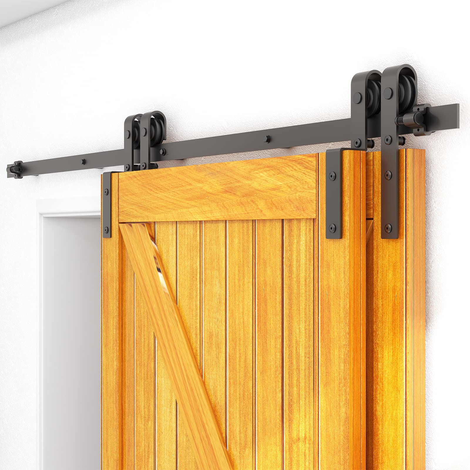 LTIYITL 7FT/213CM Bypass Sliding Barn Door Hardware Kit for Double Wooden Doors, Upgraded Single Track, Smooth and Quiet