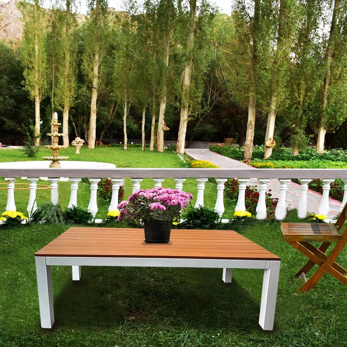 Outdoor Rustic Teak Wood Picnic Patio Dining Table with Metal Legs for Backyard Garden 47”X23.5”X17.5”: Kitchen & Dining