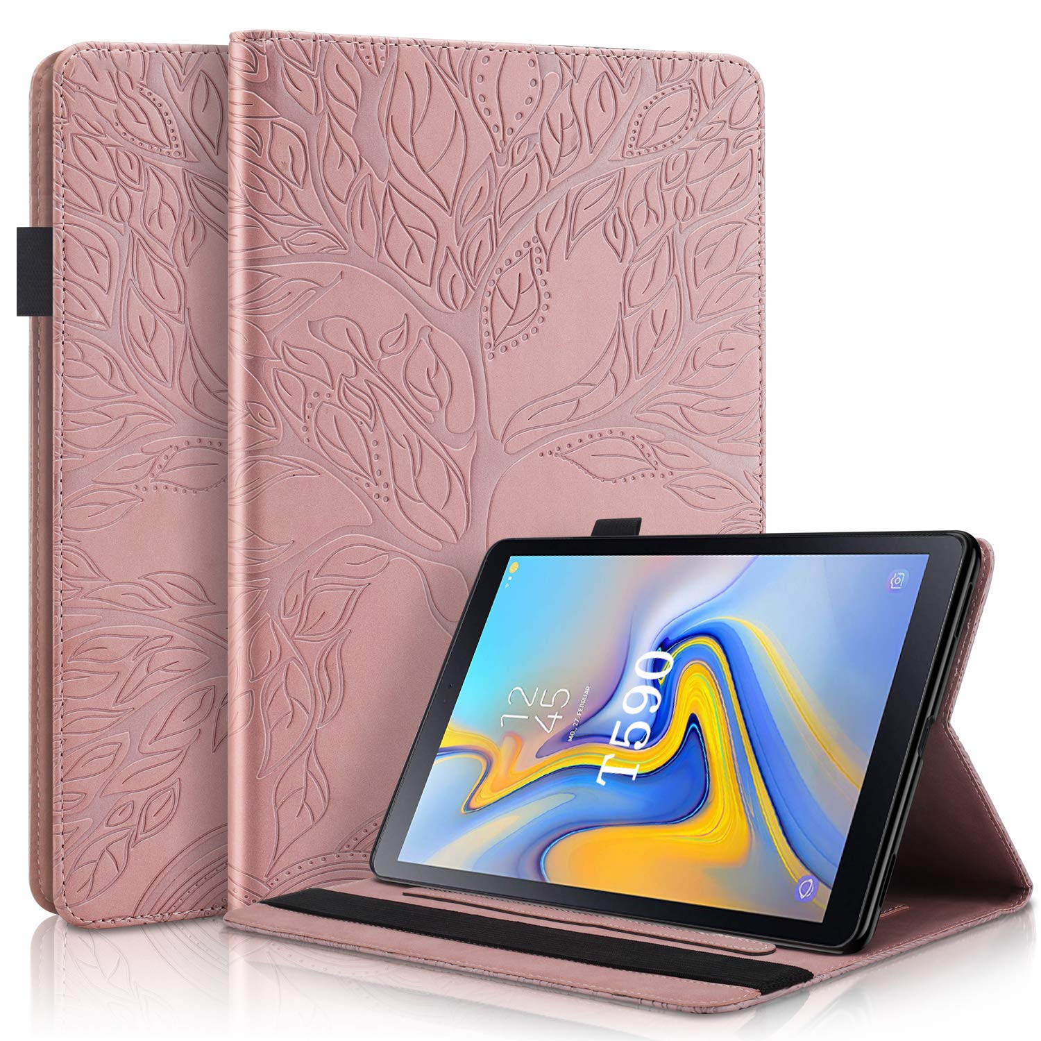CaseFun Case for Samsung Galaxy Tab A 10,5 2018 SM-T590/SM-T595 Slim PU Leather Tree of Life Flip Wallet Stand Cover Anti Slip with Pencil Holder Card Holder, Rosegold