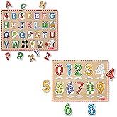 Melissa &amp; Doug Wooden Lift &amp; See Peg Puzzle Early Learning 2-Pack for Girls and Boys &ndash; Alphabet, Numbers