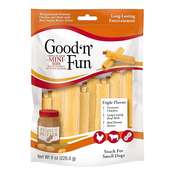 GOOD ‘N’ FUN TRIPLE FLAVOR MINI RIBS WITH PEANUT BUTTER FLAVOR CHEWS FOR DOGS, 8 OUNCES, TREAT YOUR SMALL DOG TO LONG-LASTING CHEWS MADE WITH CHICKEN AND BEEF HIDE