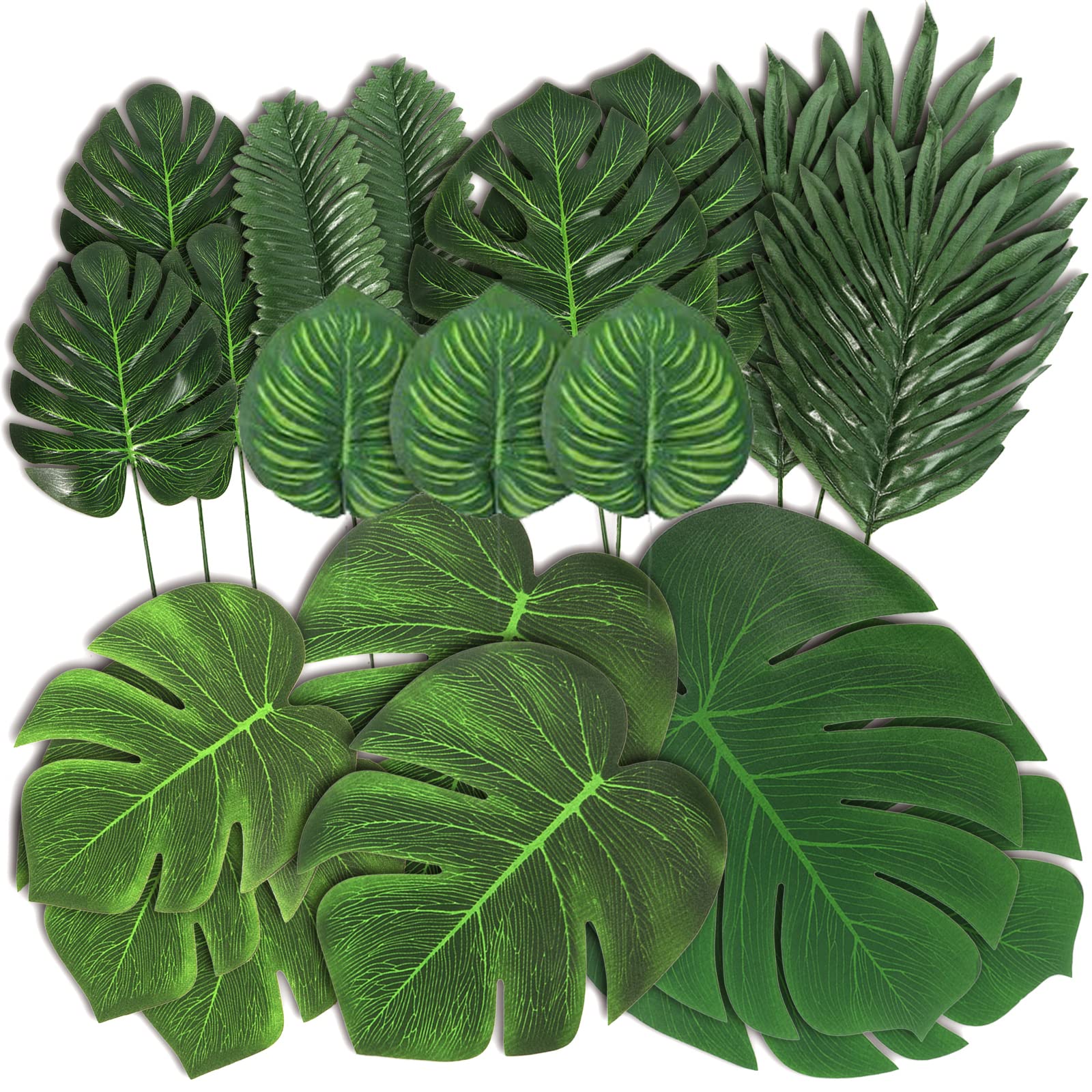 Photo 1 of 78 Pieces 7 Kinds Artificial Tropical Leaf Jungle Leaves Plant Safari Leaves Decorations for Hawaiian Party Decorations Beach Birthday Luau Party Decorations