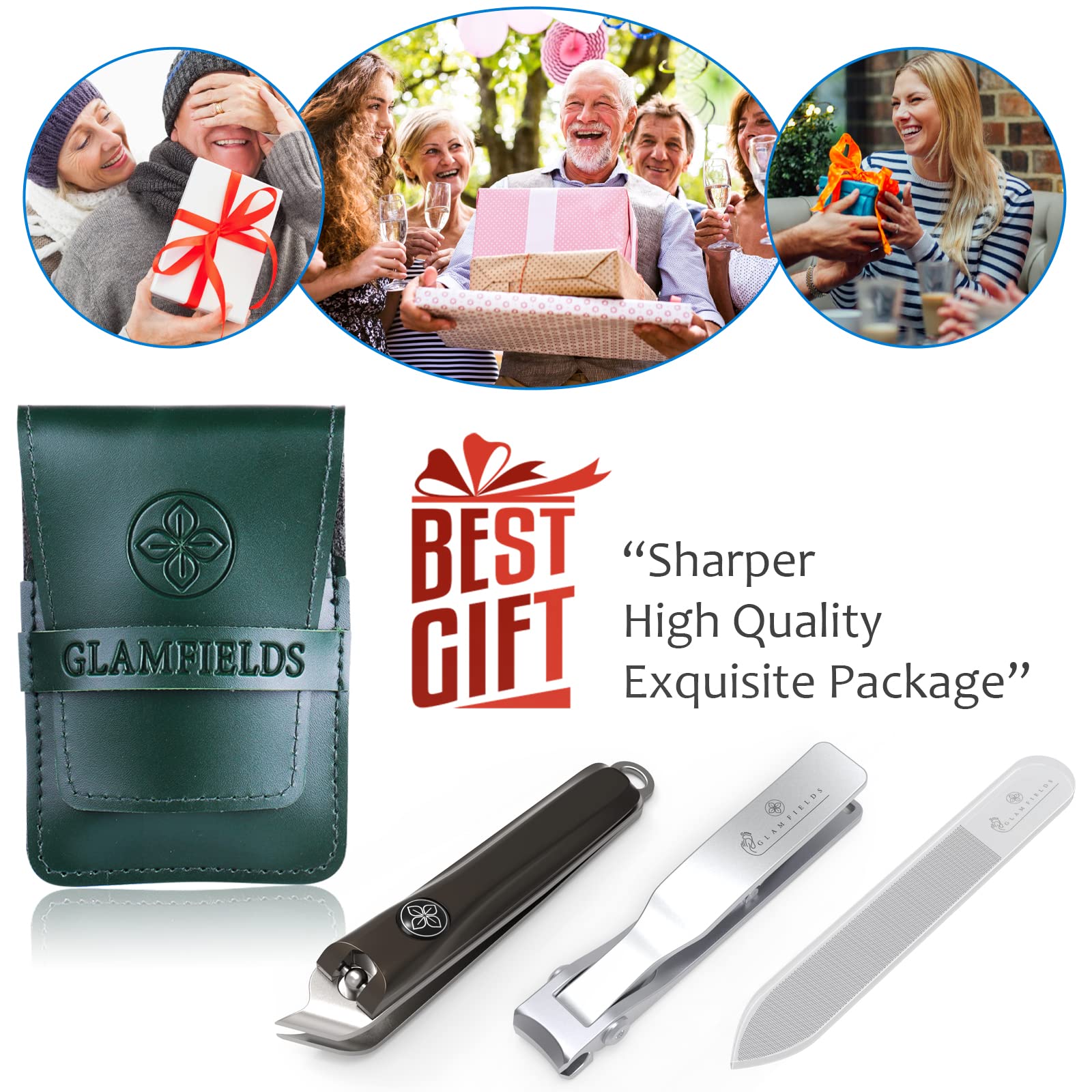 3pcs Nail Clippers Set, GLAMFIELDS Extra Long Slanted Edge Fingernail Clipper Leather Case Packed Good Gift, 17mm Ultra Wide Jaw Opening Nail Cutter Toenail Clippers for Men Women Seniors Thick Nails - Image 6