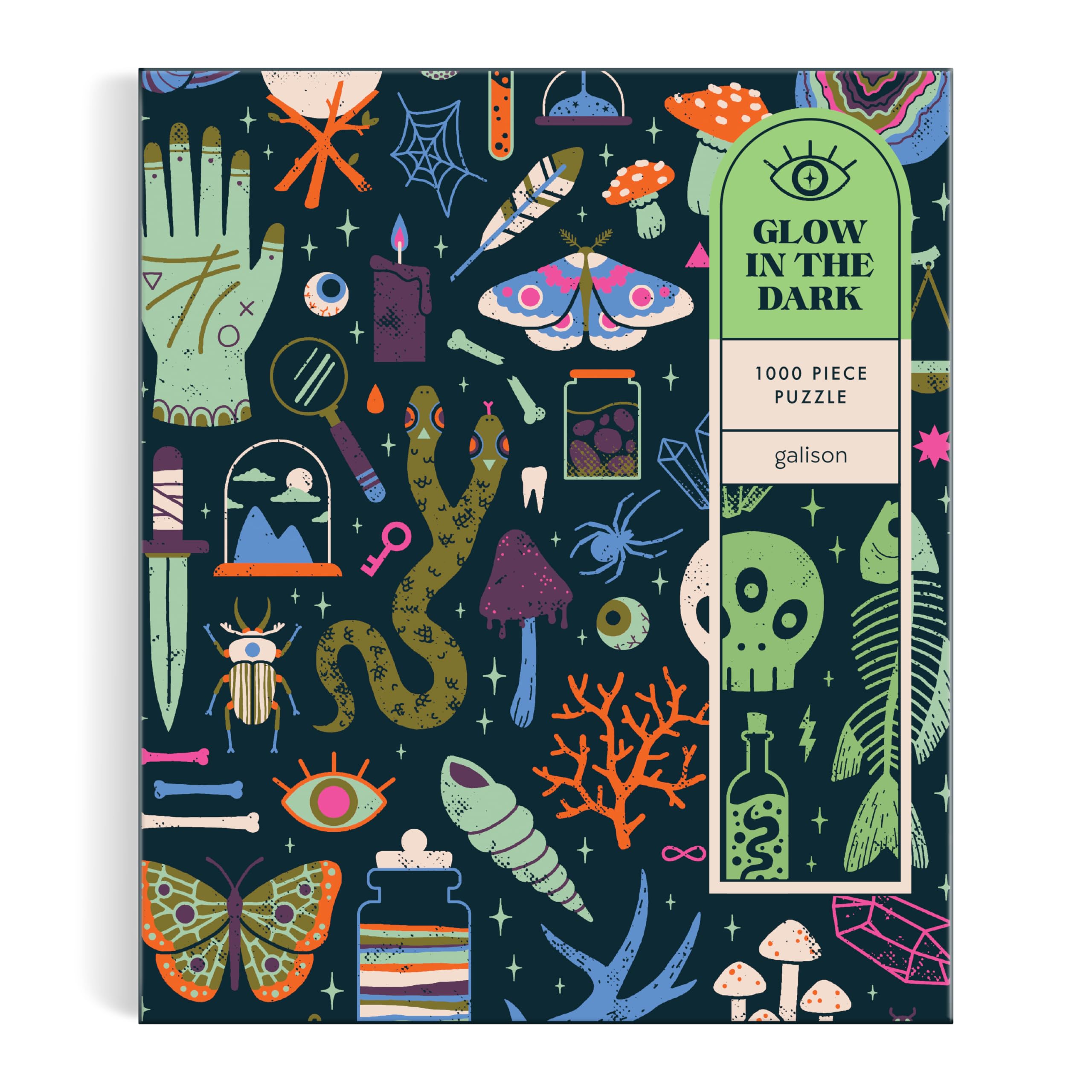 Galison Occult and Curious – 1000 Piece Glow in The Dark Jigsaw Puzzle Featuring an Eerie Collection of Creepy and Spooky Objects