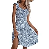 HUHOT Summer Sun Dresses for Women 2025 Adjustable Square Neck Sleeveless Midi Floral Graduation Beach Casaul Sundresses