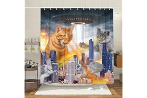 Dtekoj Funny Cat Bathroom Shower Curtain, Funky Cat Alien with UFO Fabric Bathroom Shower Curtain Set, Cute Kids Cartoon Decorated Shower Curtains with 12PCS Hook, 70X70IN