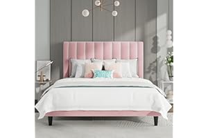 SHA CERLIN Full Bed Frame/Velvet Upholstered Platform Bed Frame with Headboard/Strong Wood Slats Support/Mattress Foundation/No Box Spring Needed - Pink