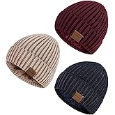 Nertpow Mens Beanie Hats 3 Pack, Winter Hats for Men Women Warm Thermal Fleece Lined, Thick Knit Fashion Skull Cap for Guys