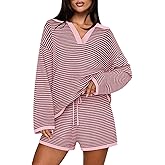 MEROKEETY Lounge Sweater Sets for Women 2 Piece Outfits Casual Long Sleeve Striped Tops Shorts Matching Set