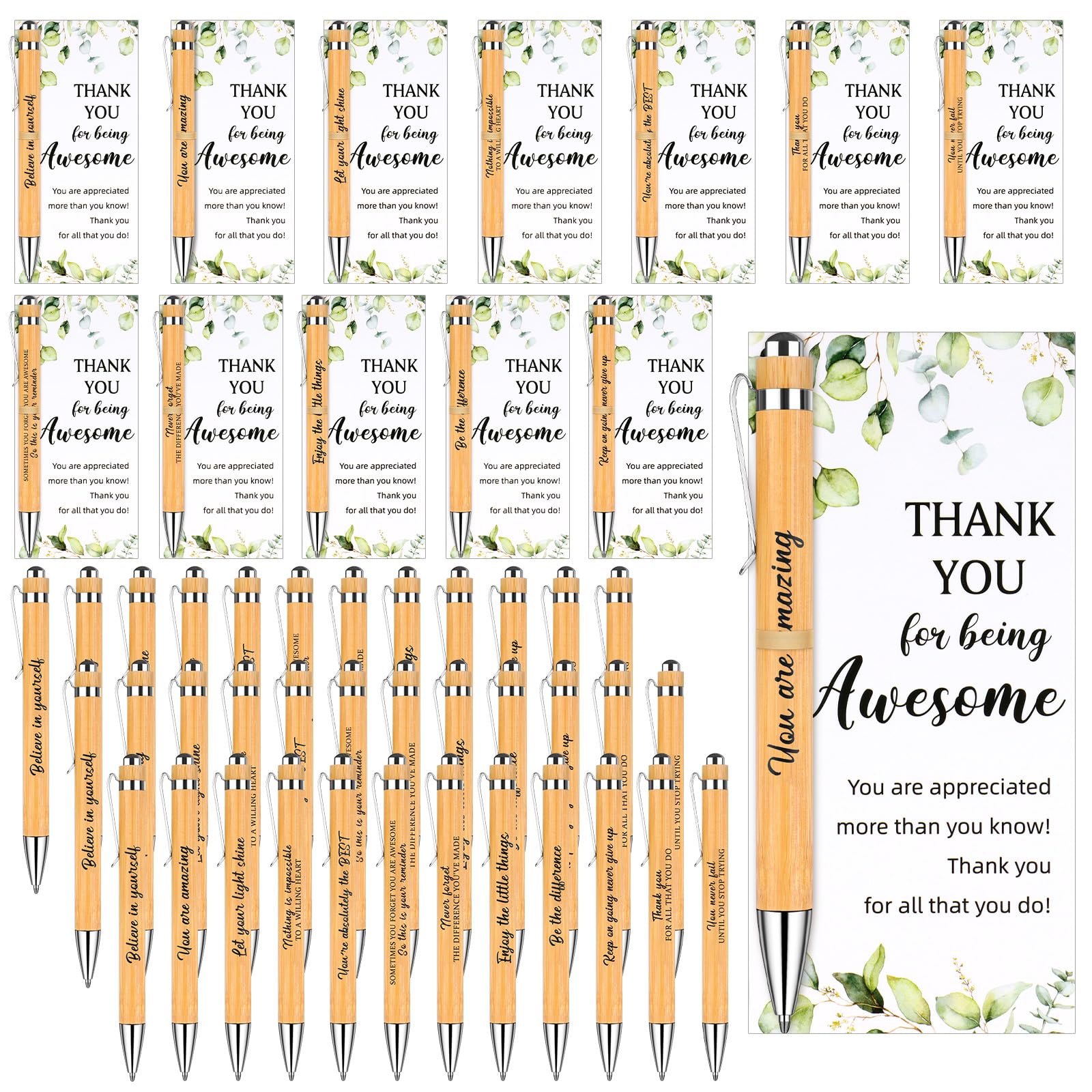 72 Pcs Employee Appreciation Gifts Bulk Inspirational Bamboo Ballpoint Pen Motivational Quote Pen Thank you Cards Inspirational Thank You Gift for Colleagues Volunteer Teacher Coworker Graduation Gift