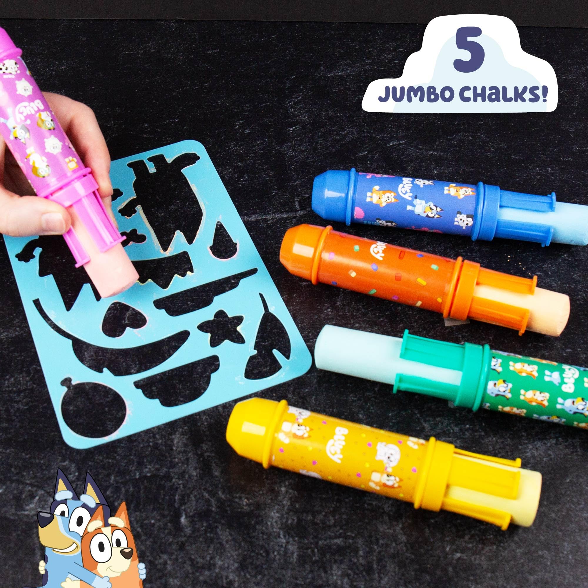 Official Bluey Chalk Art, 5-Pack, Vibrant Sidewalk Chalk For Kids, Includes 5 Chalks, Chalk Holders & Reusable Stencil, Outside Toys for Toddlers 1-3, Bluey Birthday Party Supplies, Bluey Toys