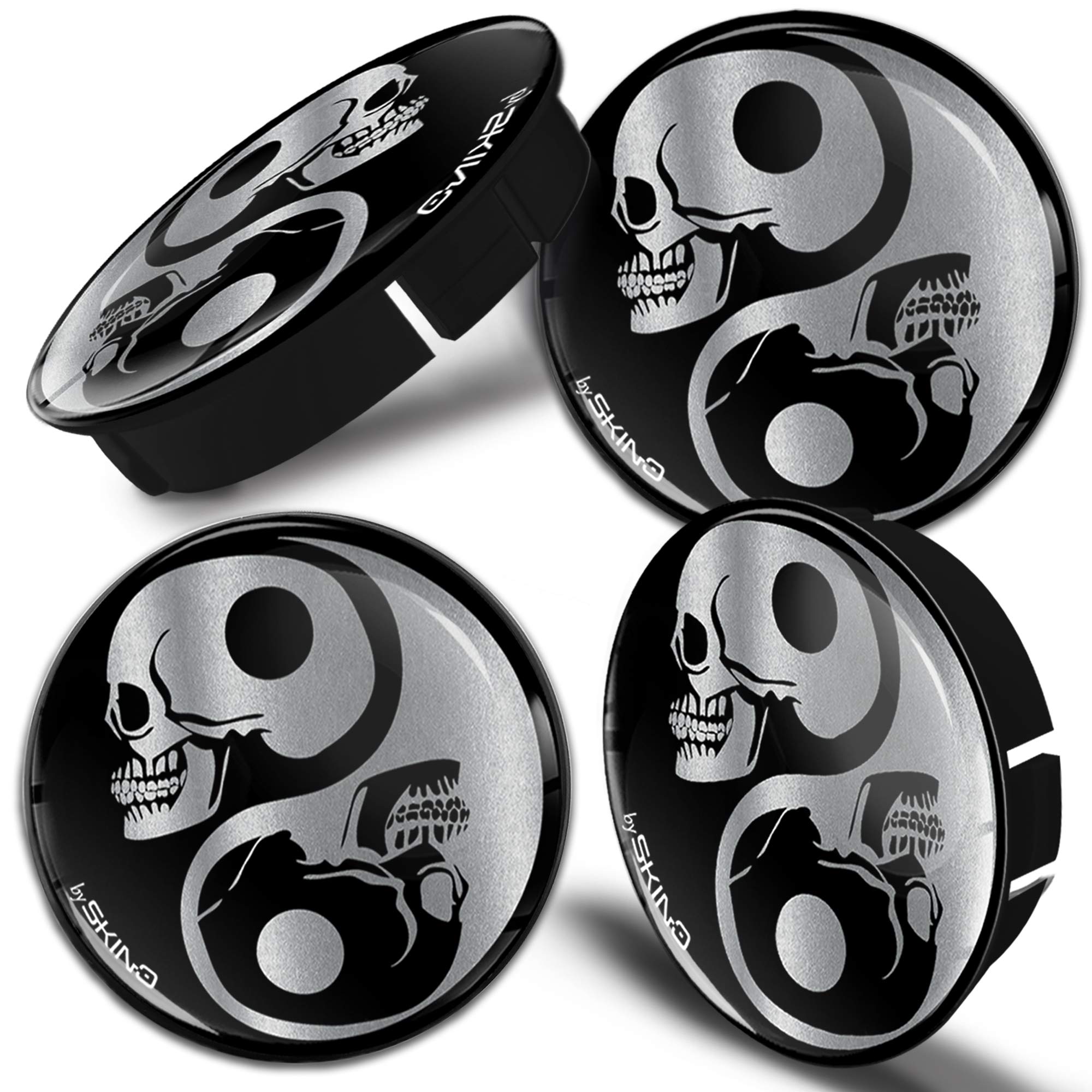 Biomar Labs 4 x 60mm Wheel Centre Caps Universal Plastic Hub Caps Set Durable Alloy Wheel Covers for Car Auto Tuning Exterior Styling with Multiple Designs (Skull Yin Yang Symbol C 82)