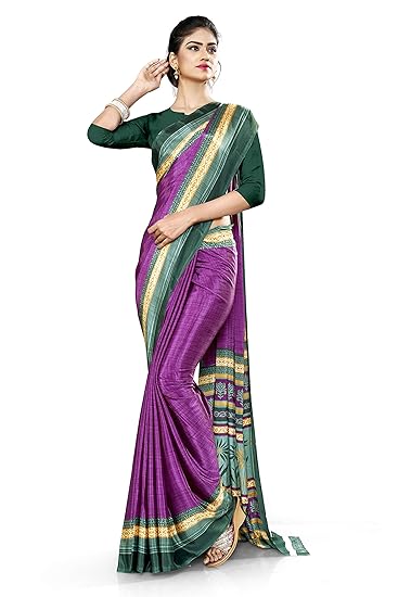 Uniform Sarees Corp Womens Italian Silk Crepe Industrial Uniform Saree With Blouse (Wine;Green)