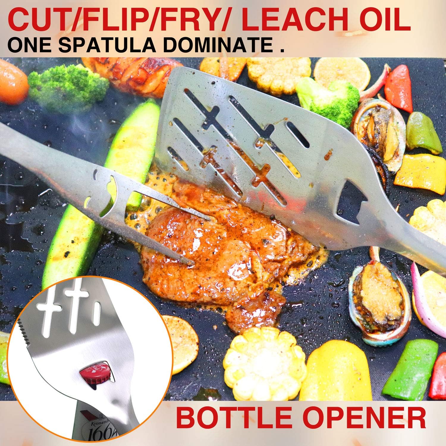 GARDRIT 18” Heavy Duty BBQ Grilling Tools Set. Smiley-Design Stainless Steel Grill Utensils Spatula, Fork, Locking Tongs & Basting Brush. Extra Thick Barbecue Accessories kit with Gift Box Package : Garden & Outdoor