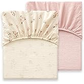 Bailix Heavyweight Muslin Baby Crib Sheets - 2PCS 52"x28" Neutral Fitted Crib Sheets for Boys Girls, Breathable Soft 100% Organic Cotton Standard Baby Mattress Sheet (Floral, Pink)
