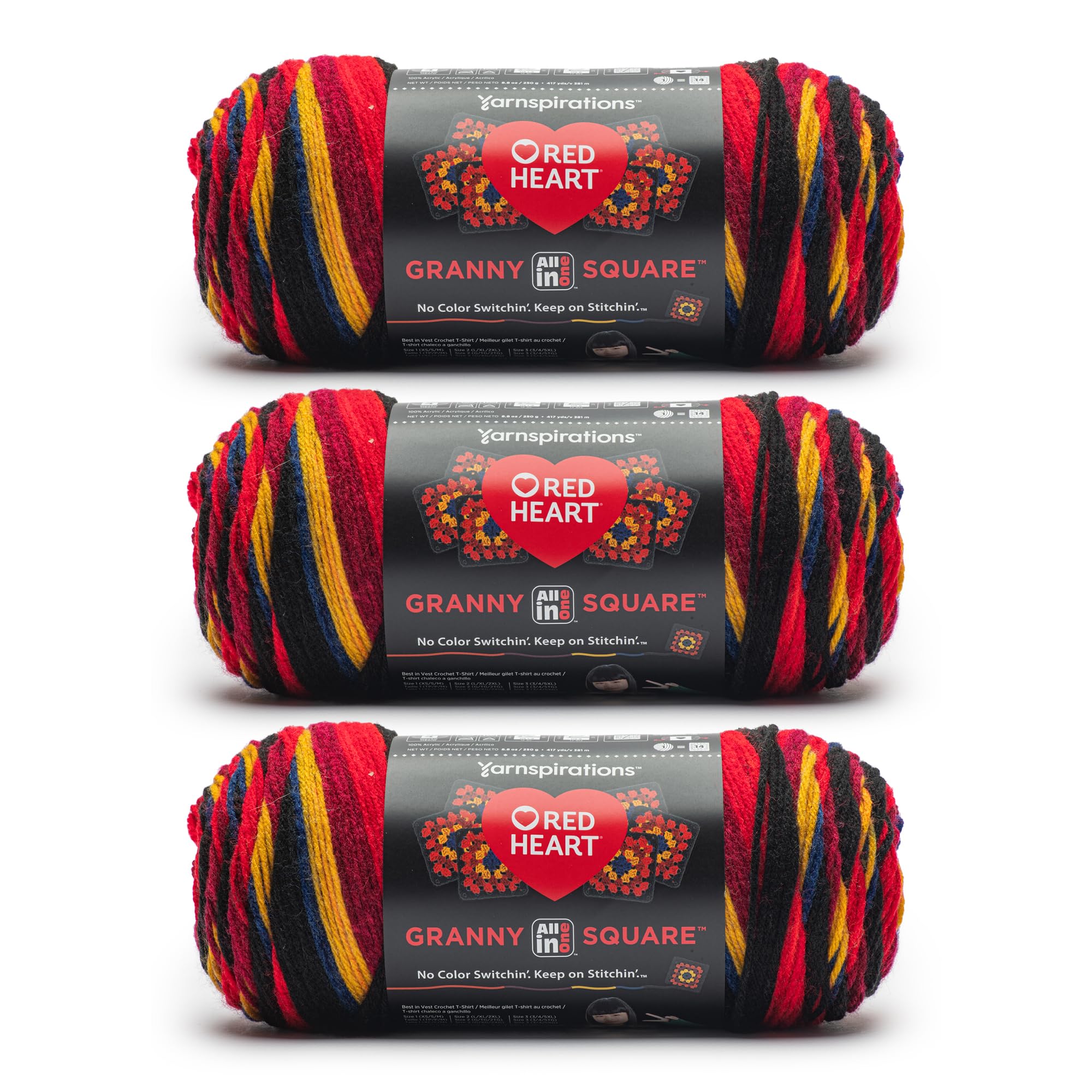 Red Heart All in One Granny Square Black- Moody Cherry Yarn - 3 Pack of 250g/8.8oz - 100% Acrylic - #4 Worsted (Medium) - 381m/417Yards - for Knitting, Crochet and Amigurumi