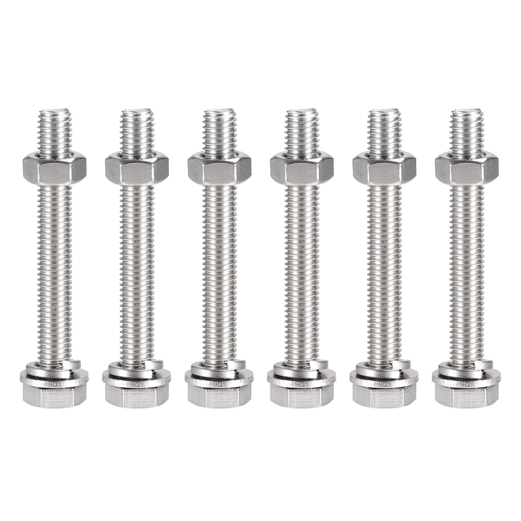 sourcing map M10 x 80mm Hex Head Screws Bolts, Nuts, Flat & Lock Washers Kits, 304 Stainless Steel Fully Thread Hexagon Bolts 6 Sets