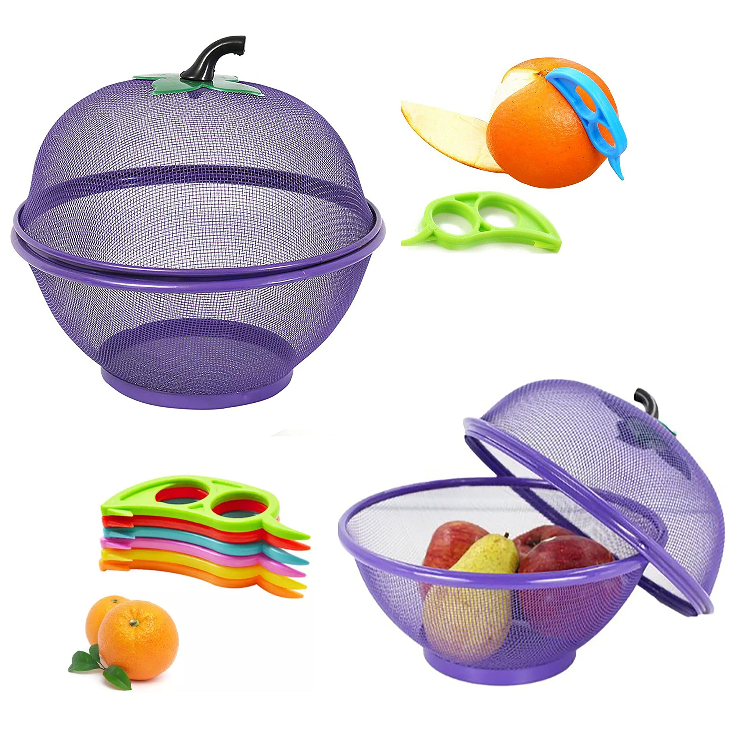 HK Online Apple Mesh Fresh Fruits Basket, Keychain Torch & Citrus Peeler -Keep Unwanted Pets & Insects Out (Purple Basket, Peeler & Torch)
