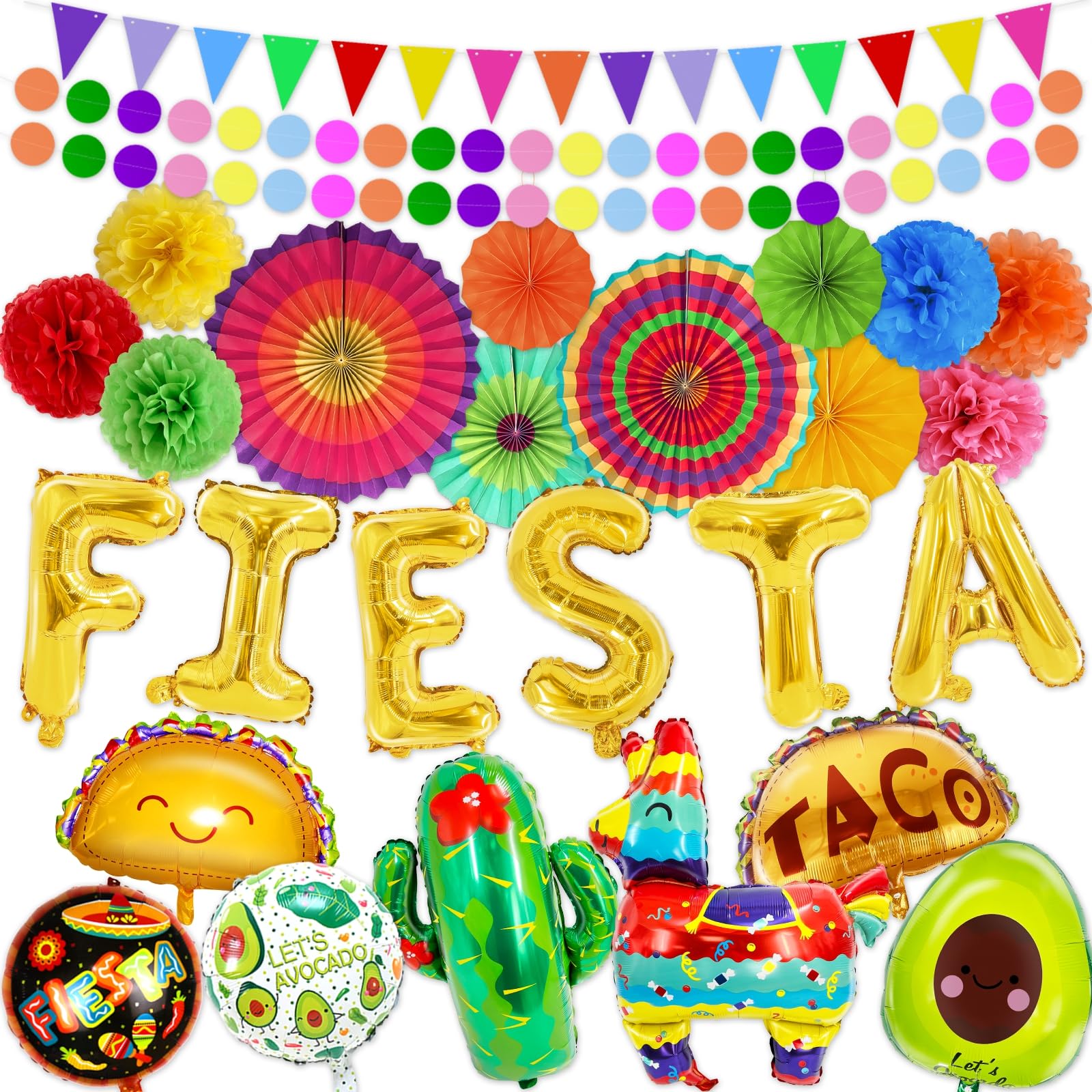Photo 1 of 6 Varieties 28 Pcs Cinco De Mayo Decorations Mexican Party Decorations, Fiesta Party Decorations Colorful Paper Fans Pom Poms Fiesta Cactus Llama Balloons Banners for Taco Tuesday Carnival Party Favor