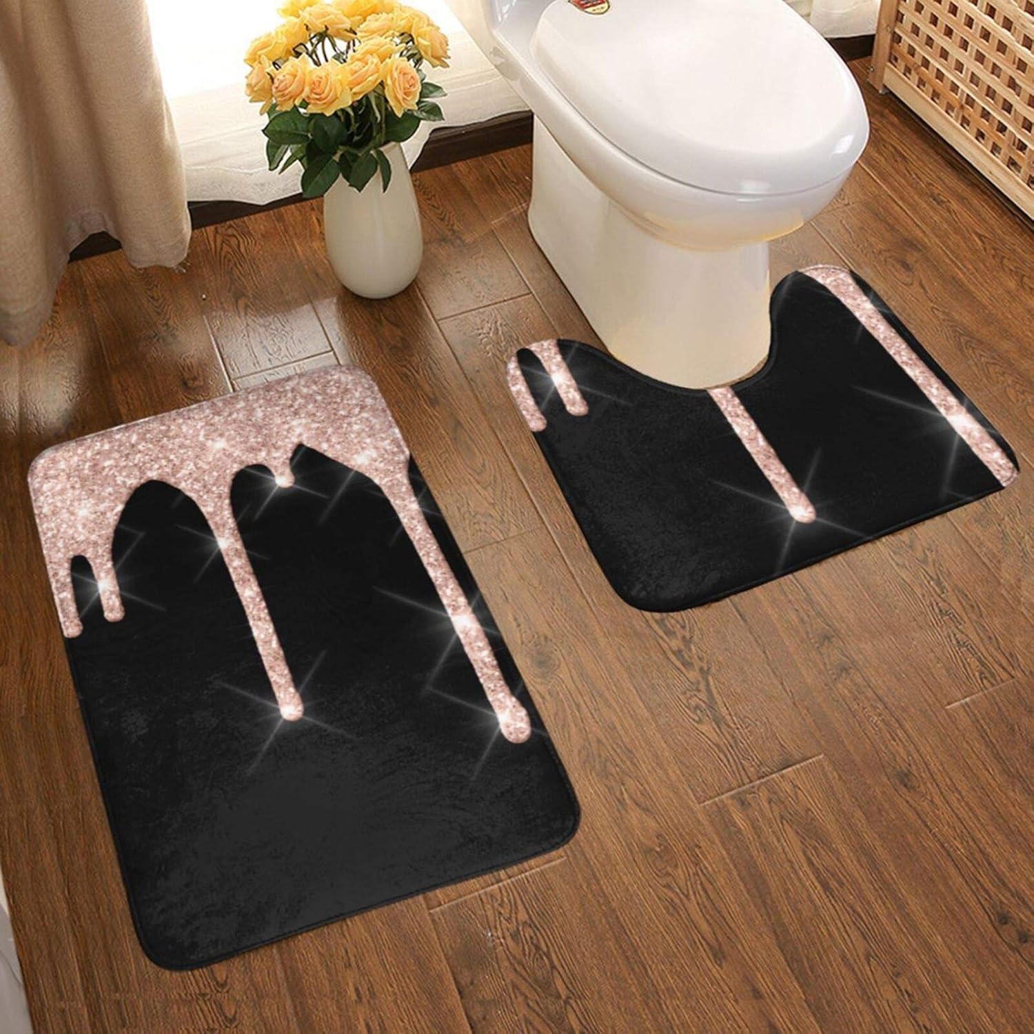 Bathroom Rug Mats Sparkly Glitter Drips Pink Rose Gold Blush Black