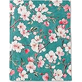 ainori Cherry Blossom Branches Flannel Blanket - Lightweight Soft Cozy Unique Gifts Blankets for Floral Lovers,Kids,Adult,Women, Elegant Teal Background Art Throw,Home Room Modern Decor 50x60in