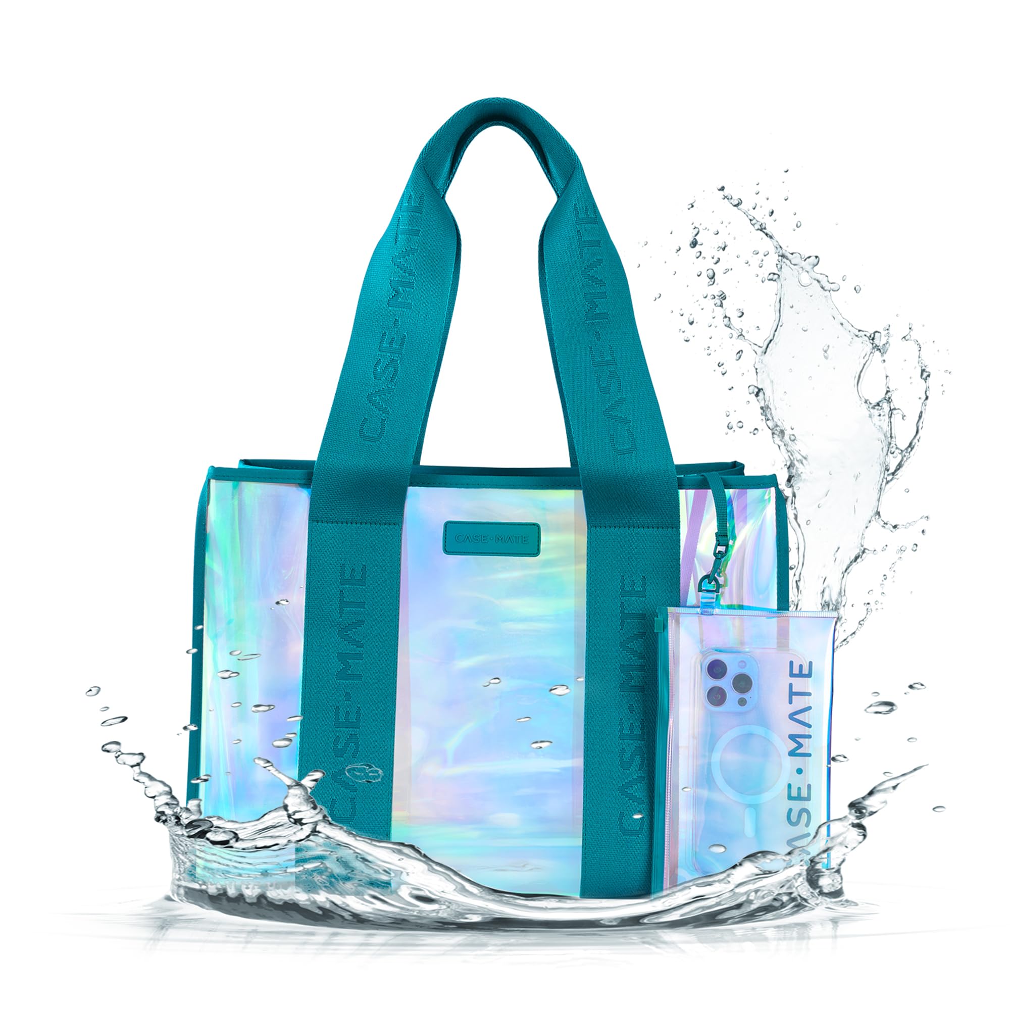 Case-Mate Emerald Blue Jelly Tote – Iridescent Tote Bag with Phone Pouch for Women – Waterproof, Tip-Proof, Foldable & Washable – Handbag for Everyday Use, Travel, Pool & Vacation – Large