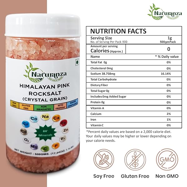 NATURANZA HIMALAYAN PINK ROCK SALT CRYSTAL GRAIN –(17.64 OZ, 1.1 LBS) 500 GMS PURE & NATURAL | ORGANIC SALT | MINERAL-RICH | ELECTROLYTES | NON-GMO | GLUTEN-FREE | KOSHER