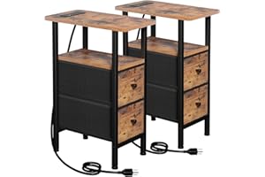 LOAKEKEL Narrow Nightstand with Charging Station, End Tables Living Room Set of 2, Skinny Side Table with Fabric Drawers, Slim Sofa Table for Bedroom, Small Spaces, Couch, Brown, HETNDP02BR
