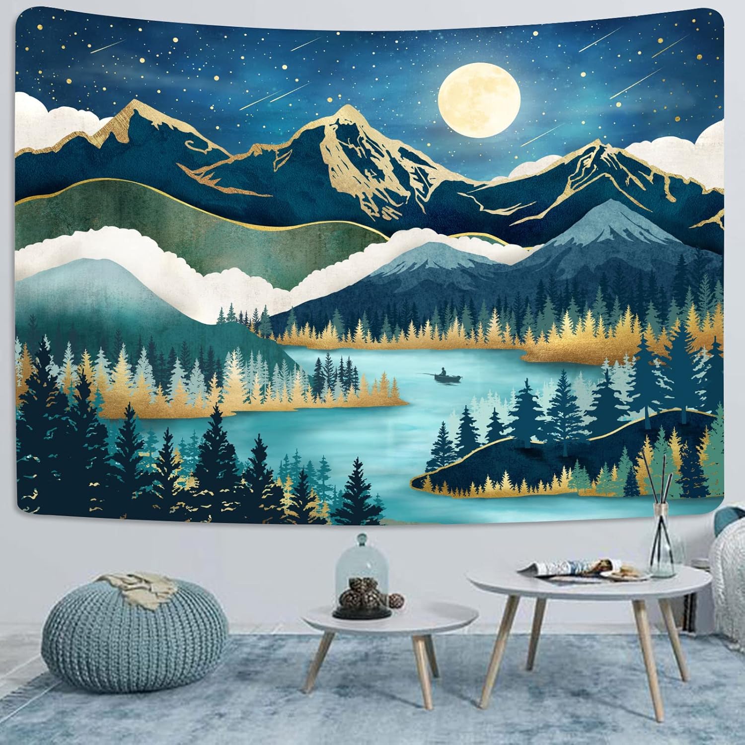 Tapestries - Accnicc Mountain Tapestry Nature Forest Tree Tapestries for Bedroom Aesthetic Starry Night Moon Stars Tapestrys Wall Hanging Teal Abstract Wall Tapestry for Dorm Living Room (Teal, 90'' × 68'')