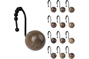 Sunlit Boho Wood Beads Decorative Shower Curtain Hooks, Shower Curtain Rings with Roller Balls, Farmhouse Bathroom Decoration
