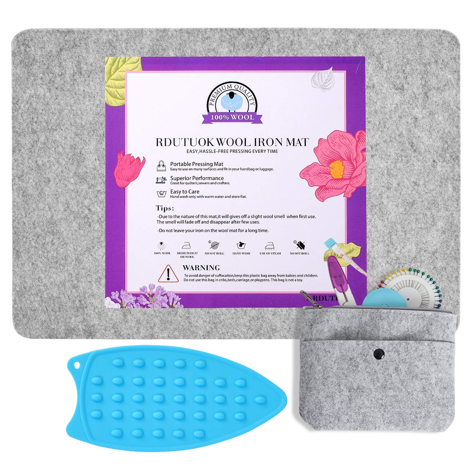 Rdutuok 43x34cm (17x13.5inch) Inches Wool Pressing Mat for Quilting Ironing Pad Easy Press Wooly Felted Iron Board for Quilters Retains Heat, Great for Quilting & Sewing Projects