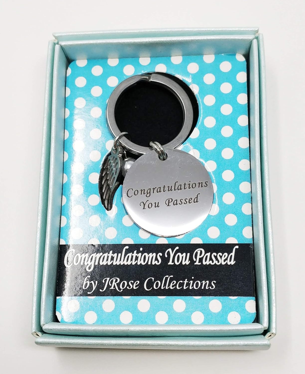 Congratulations You Passed Keyring, Stainless Steel Metal Keychain with Angel Wing Charm and Pearl Detail - Image 3