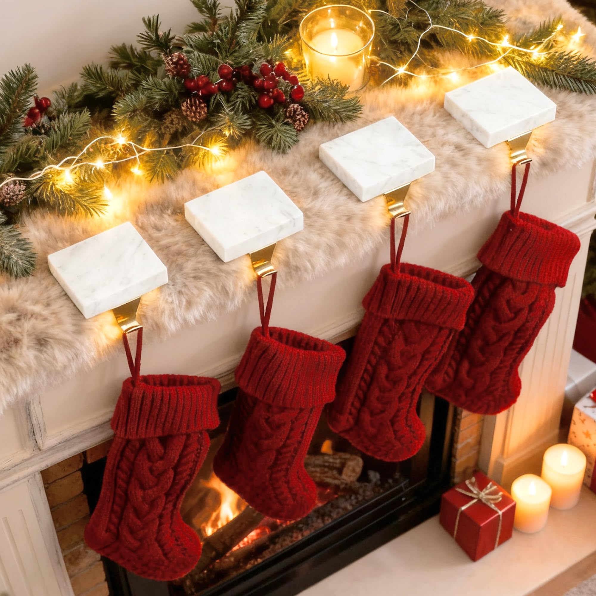 Photo 1 of DOYOLLA Christmas Stocking Holders Set of 4, Marble Stocking Holders for Mantle Fireplace Hanger Hooks Holiday Mantel Garland Clips Metal Grips (White)