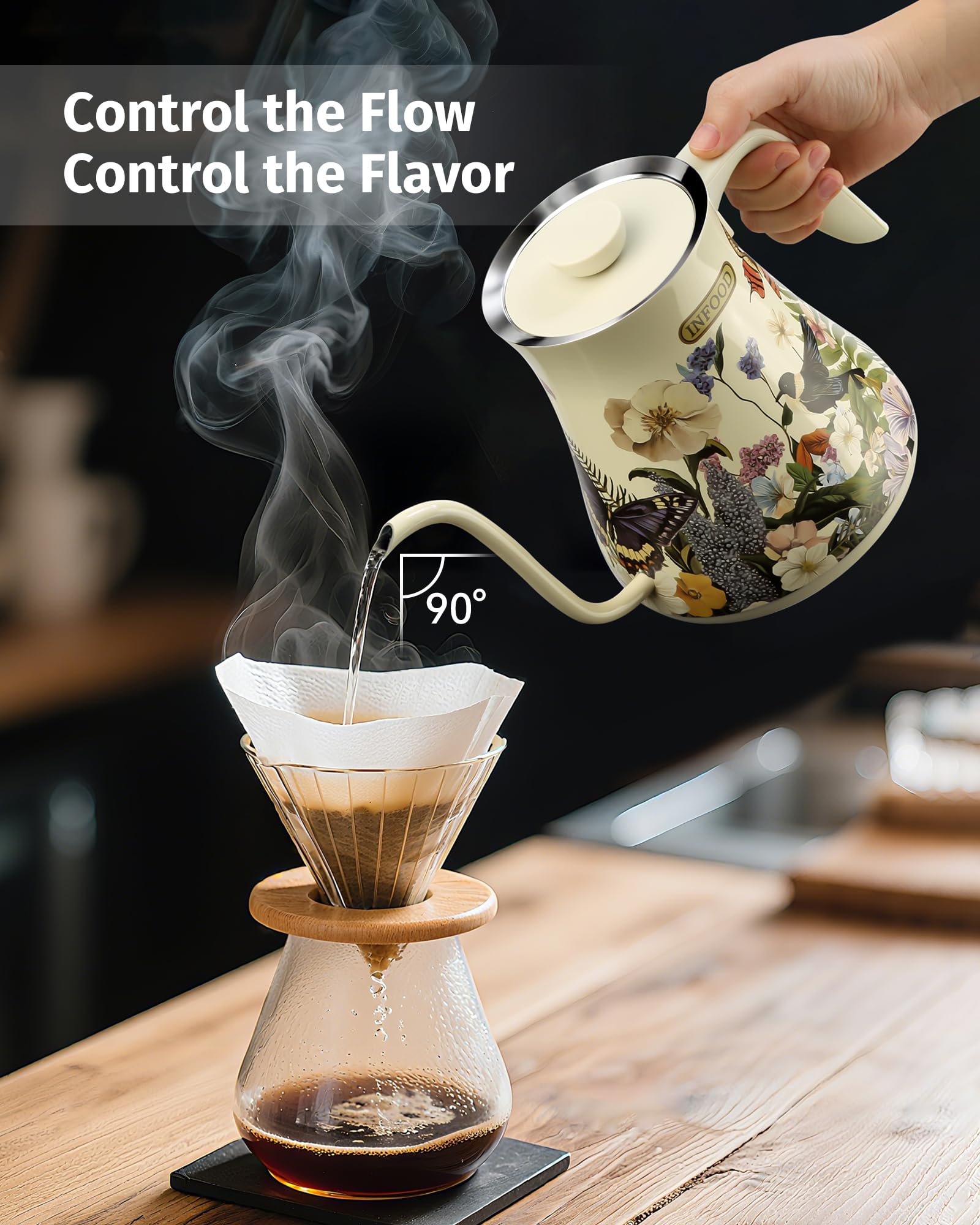 INFOOD Hervidor eléctrico de cuello de cisne de 0,8 L, control preciso de temperatura para verter café y té, agua de ebullición rápida de 1200 W, apagado automático, programación, acero inoxidable, diseño pintado floral