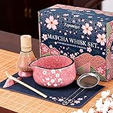 Matcha Whisk Set, 7 PCS Ceramic Matcha Sets with Bowl, Bamboo Whisk and Holder, Towel, Sifter, Bamboo Scoop, Scoop Rest, Christmas Gifts for Tea Lovers, Birthdays New Year Gifts for Women Mom