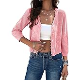 Kate Kasin Women's Cropped Cardigan Sweaters Trendy Lightweight 3/4 Sleeve Button Down Crochet Textured Shrugs Top