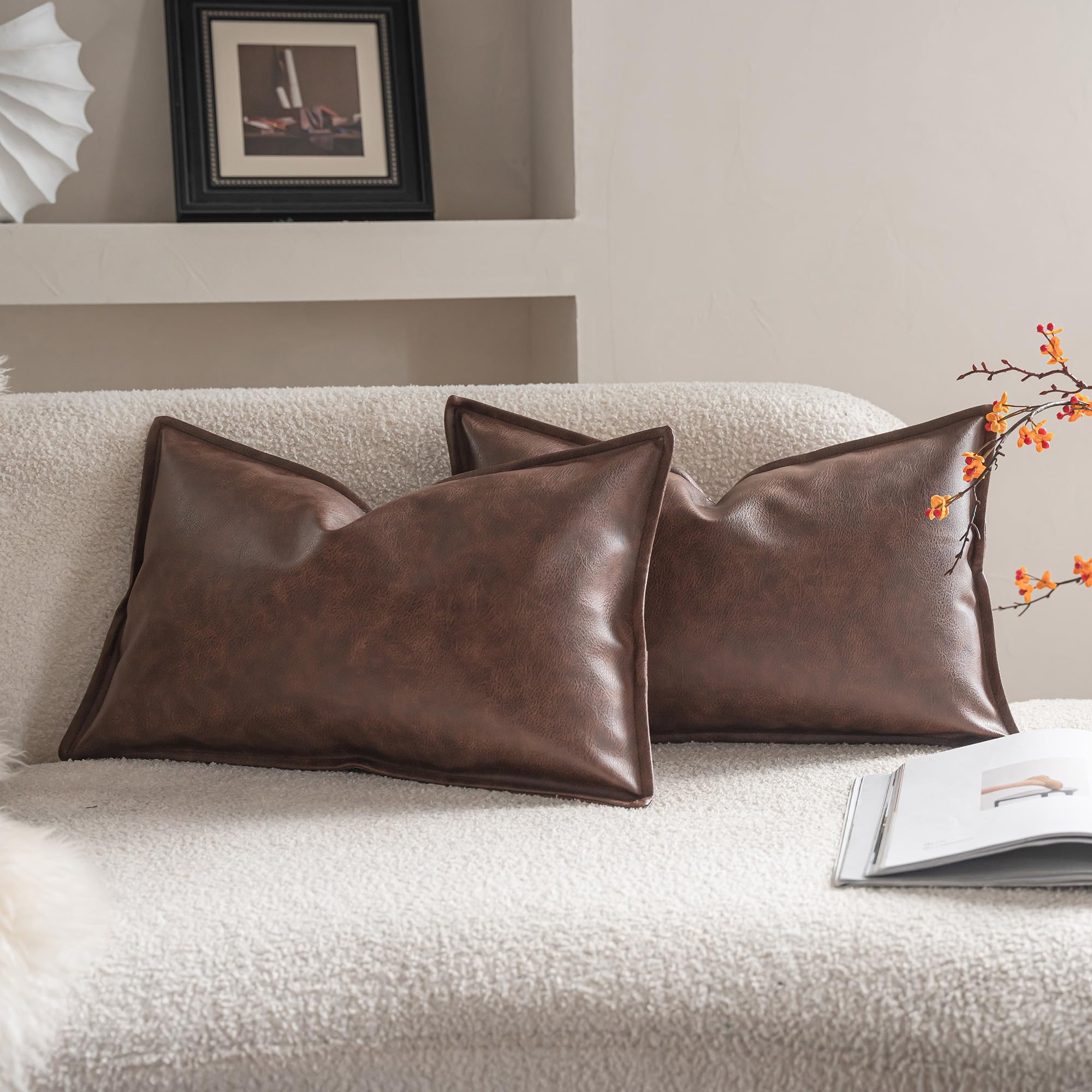 Photo 1 of Neelvin Faux Leather Decorative Throw Pillow Covers Modern Solid 12x20 inch Set of 2 Pillowcase Cushion Case for Bed Sofa Couch