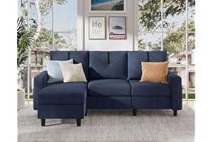 Pingliang Home 80" Sectional Sofas for Living Room, 3 Seat L Shaped Couch with Reversible Ottoman, Modern Linen Fabric Small Sectional Couch for Apartment Small Space, Navy Blue